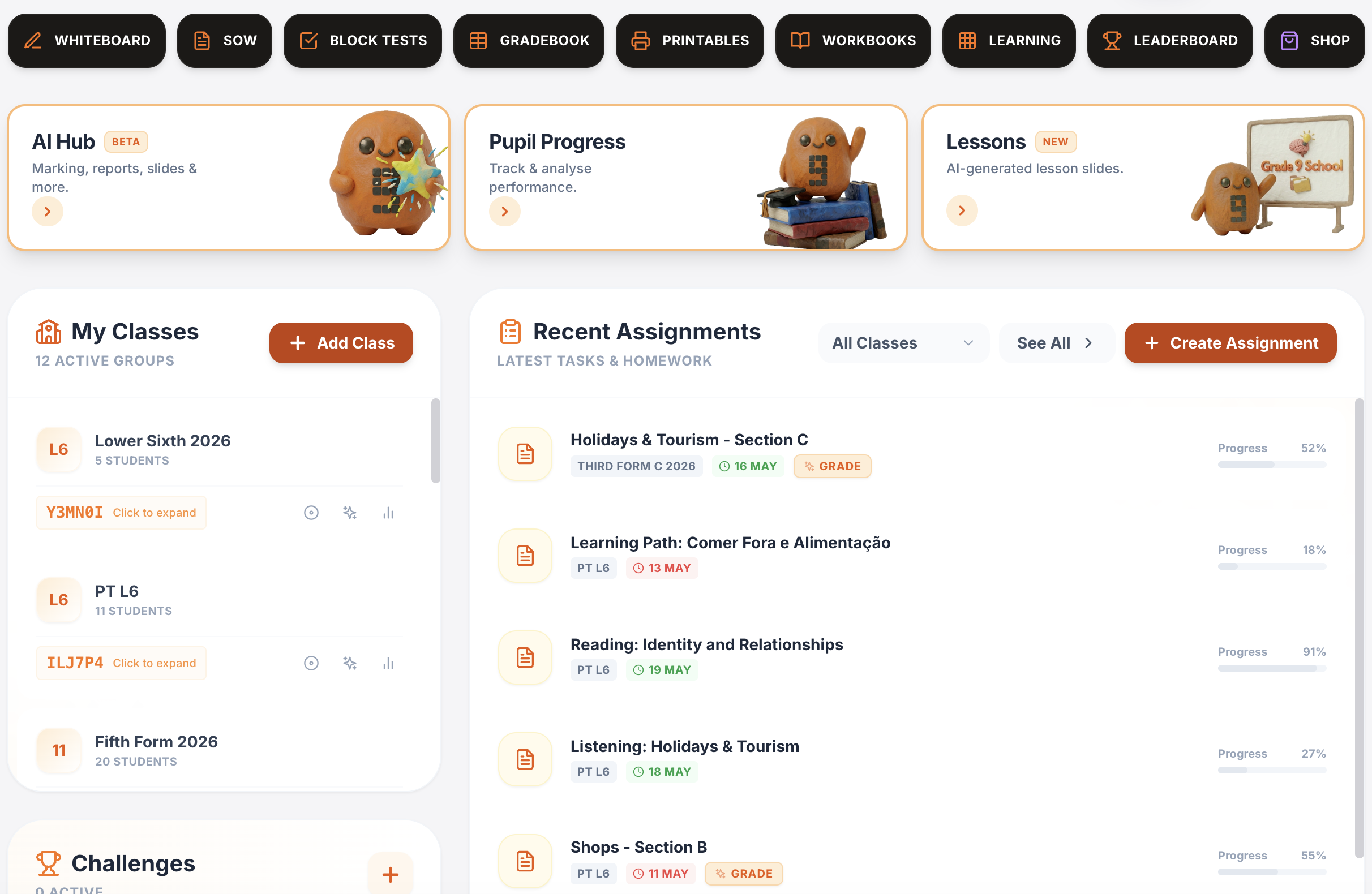 Grade 9 School teacher dashboard with assignments and class tracking